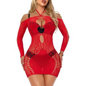 Red Black Women Sexy Halter Bodycon Mesh Midi Dress Lingerie Nightdress Outfit